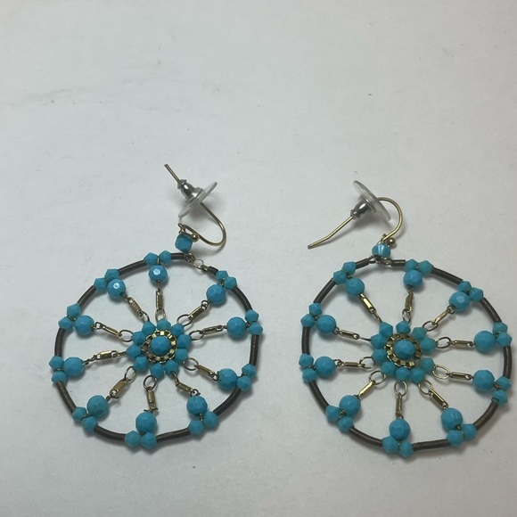 Round Pendant Dreamcatcher Earrings Turquoise And Gold Tone - Picture 2 of 7